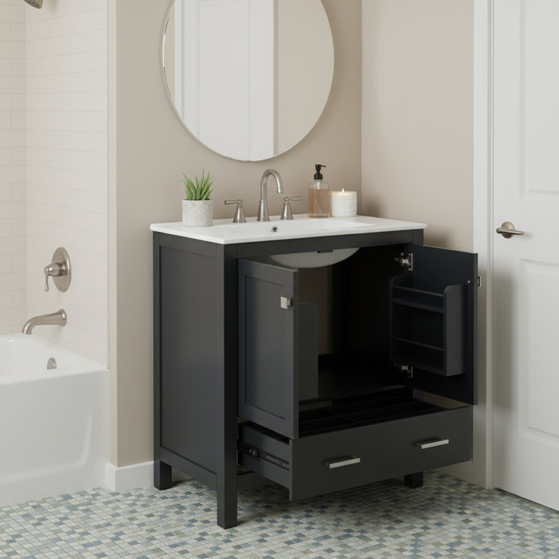Meuble-lavabo noir 30 po avec lavabo simple, portes à fermeture douce et tiroir, Noir, noir, noir, noir