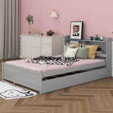 Full Size Platform Bed With Trundle, Wood Full Bed Frame With Bookcase And Headboard