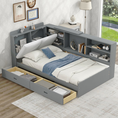 Lit plateforme en bois avec tête de lit avec rangement, tablettes et 2 tiroirs