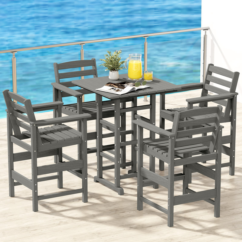 5-Piece HDPE Outdoor Bar Set – 4 Tall Bar Chairs & 1 Square Table, All-Weather Patio Furniture for Poolside, Garden, or Balcony