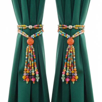 Agate Tassel Magnetic Curtain Tiebacks Set of 2, Handmade Colorful Bead Drapery Holdbacks, Boho Window Treatment Decorative Curtain Ties for Farmhouse, No Tools Needed
