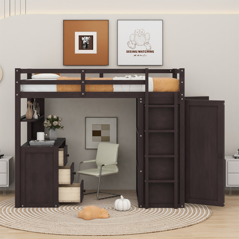 Javers Kids Twin Loft Bed with Drawers, Espresso