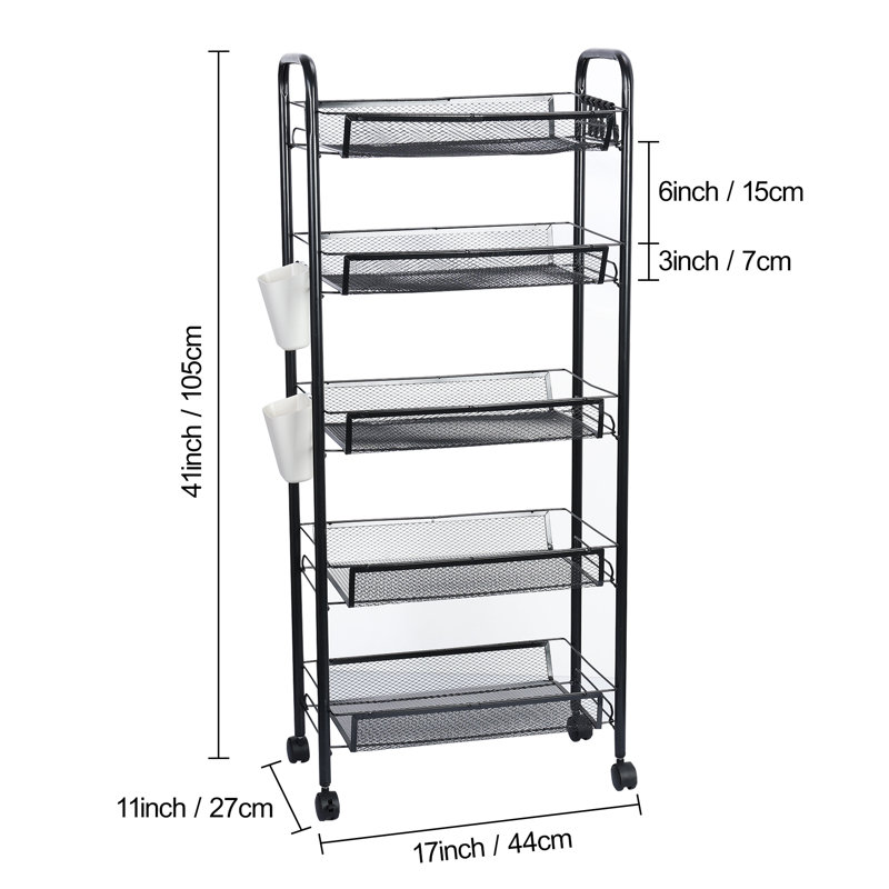 5-Tier Black Metal Mesh Kitchen Storage Cart with Wheels