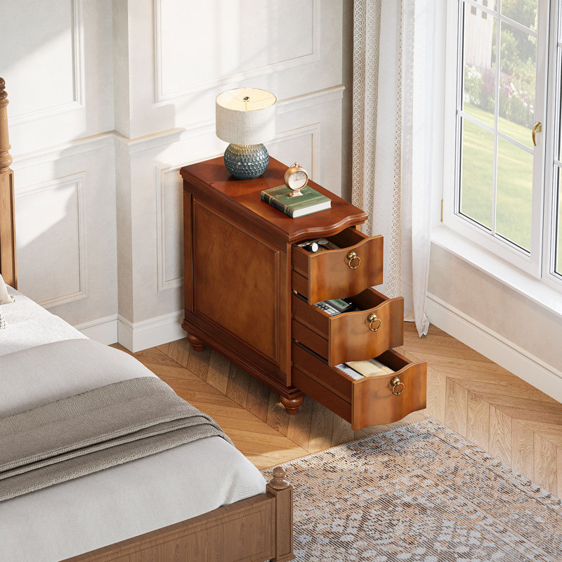 Wood Side Table with 3-Drawers,, Nightstand for Bedside, Small Spaces, Living Room, Bedroom, 2, Walnut Brown
