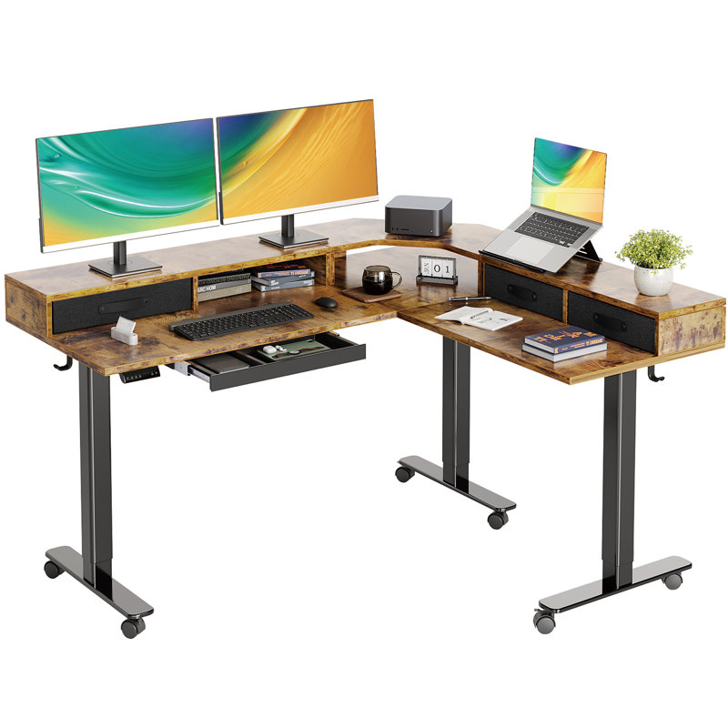 Shah Adjustable Height L-Shaped Steel Standing Desk, Brown/Black