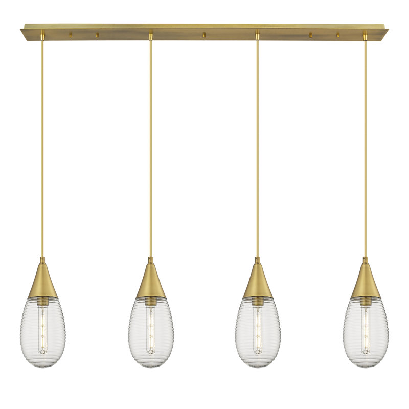Luminaire suspendu grappe 4 lumières Rigdon, Laiton brossé, Rayé transparent