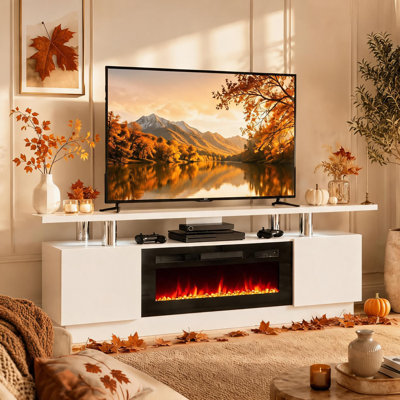 Meuble télé 60 po avec foyer électrique, centre de divertissement avec foyer encastré de 30 po, chauffage 750 W / 1500 W, 12 couleurs de flamme, tablettes de rangement à double couche, télécommande.