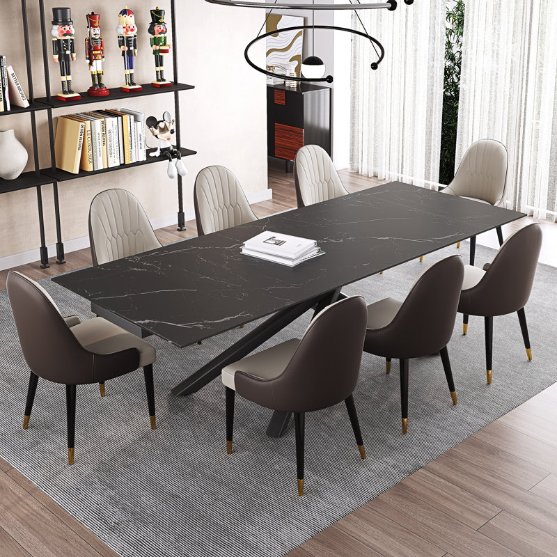 Kerius 9 - Piece 70.86" to 102.36" Extendable Rectangular Sintered Stone Dining Table with 8 Leather Chairs Dining Set, Black