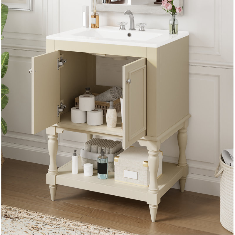 Meuble-lavabo de luxe moderne de 24 po avec lavabo en céramique, meuble de salle de bain avec tablette ouverte et rangement fermé