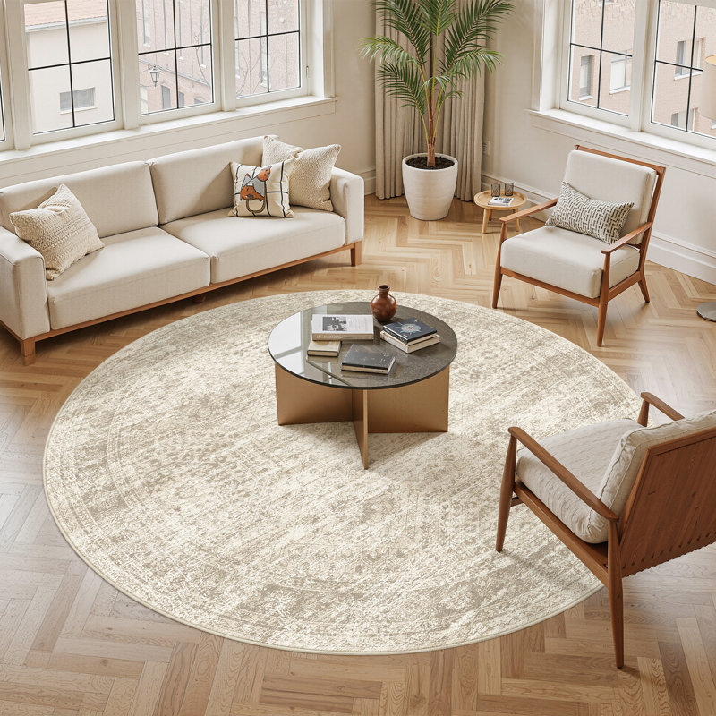 Tapis persan lavable délavé, Beige, Rond 8 pi