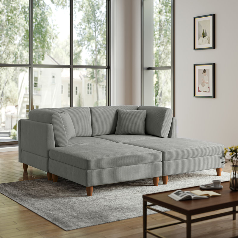 Seemab 4 - Piece Upholstered Light Gray Corduroy Modular Sectional with Pillow Back and Removable Ottoman, Light Gray
