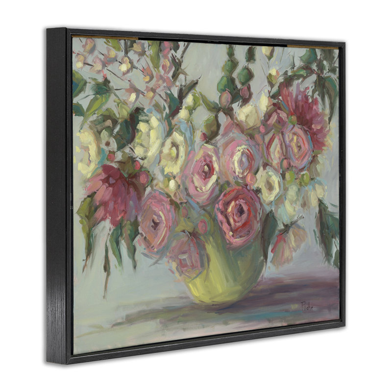 Vase pivoines encadré, estampe numérique, design par Vanessa Piche, H 11 po x l 14 po, Giclée encadrée noir minuit
