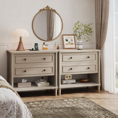 Durso Farmhouse 30"W Nightstand with 2 Drawers and a Charging Station, Solid Wood Bedside Table Wood Night Stand Set of 2