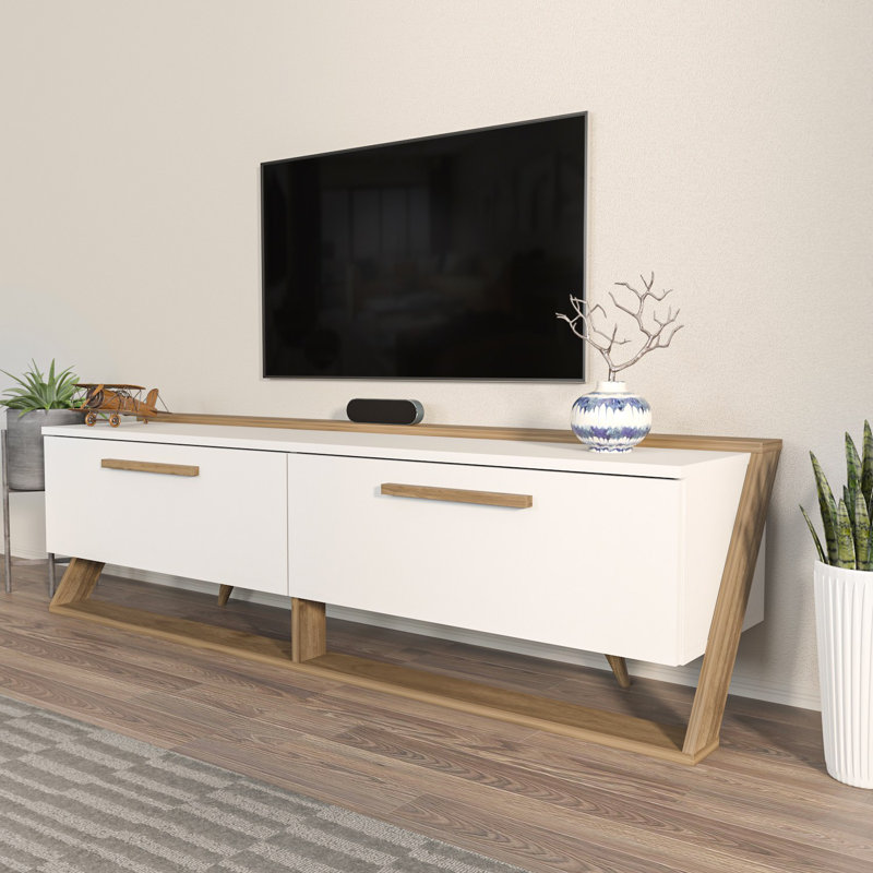 Modern TV Stand with White & Walnut, 64.4 x 18.4 x 14.4 inches | 100% Melamine Coated Particle Board, Thickness: 0.7 inches | Stylish Scandinavian Design, Perfect for Living Room & Entertainment Spaces