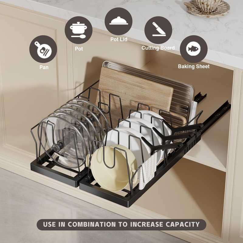 2 Pack Expandable Pull Out Pot Lid Organizer and Storage with 10 Adjustable Dividers