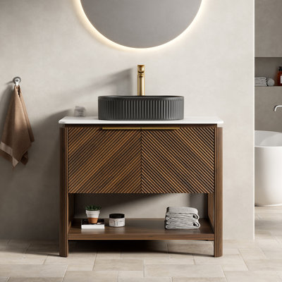 Anka Modern Freestanding Bathroom Vanity with Fluted Doors and Open Shelf, Ceramic Vessel Basin and Sintered Stone Countertop