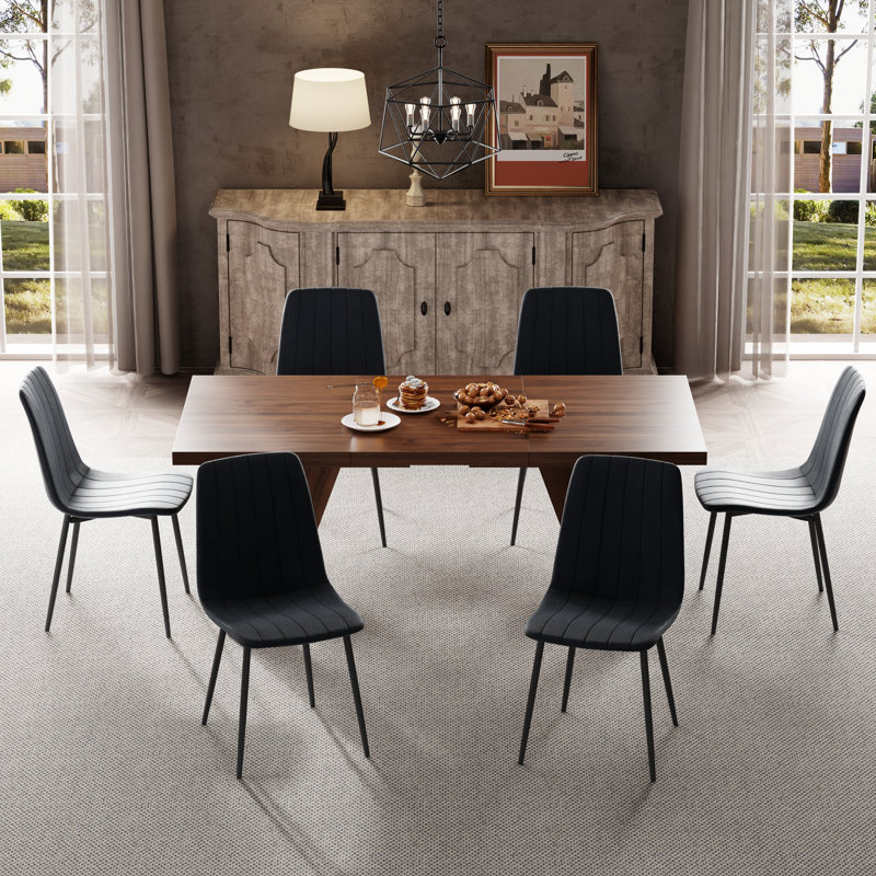Ensemble de table de salle à manger rectangulaire 71 pouces avec 4 à 6 chaises en velours, 7 Pieces: Table. 6 Chairs, Walnut
