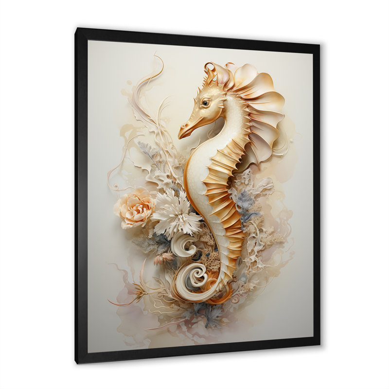 Hippocampe magique beige sur toile, H 44 po x l 34 po x P 1,5 po, Cadre simple noir
