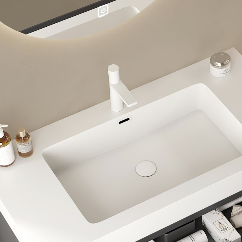 Lavabo encastré rectangulaire de 36 po pour salle de bain - surface solide blanche, moderne et scandinave, résistance aux égratignures, facile à nettoyer, trou de robinet et trop-plein, tuyau d'évacuation extensible avec couvercle d'évier