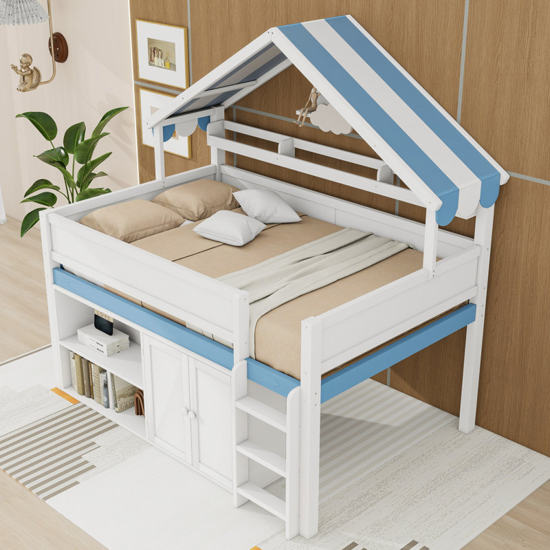 Wooden Frame Loft Bed With Cabinets And Shelves, White Blue