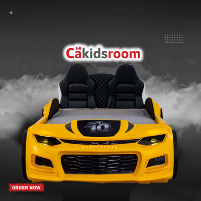 Jamiyl Champion Twin Race Car Bed, LED Lights, Sound FX, Kids Bedroom Furniture, Children Car Bed