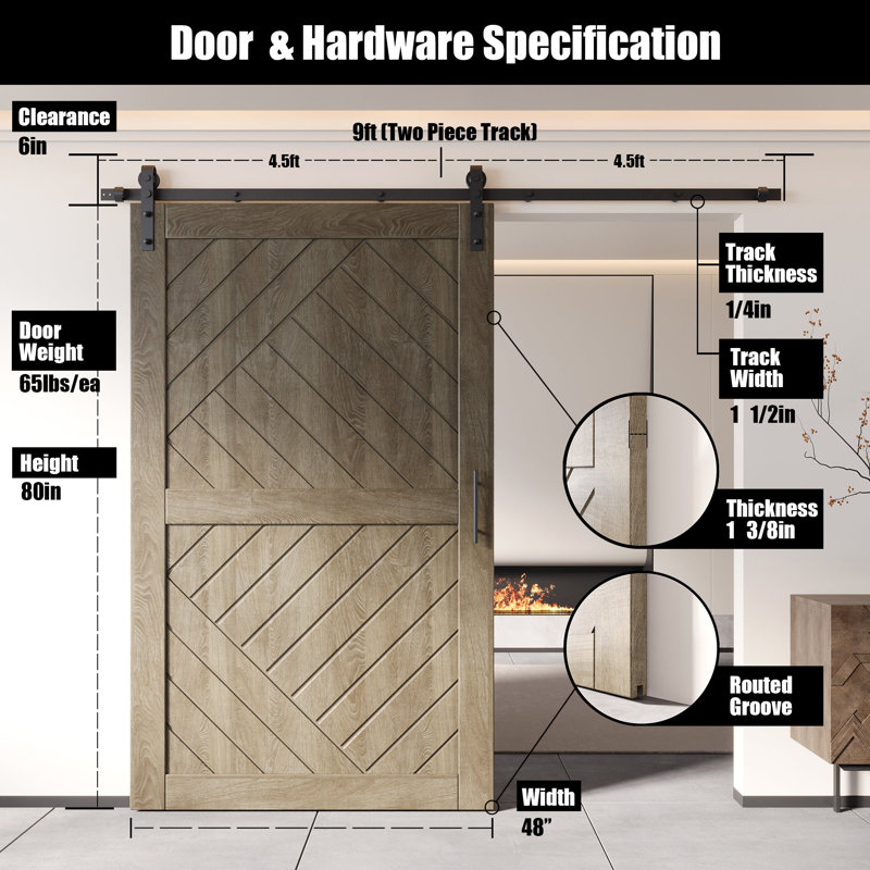 Porte de grange à motif géométrique non assemblé et fini de 48 po x 80 po Homacer, 48 po x 80 po