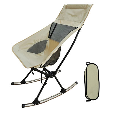 Chaise berçante portable sans accoudoirs avec structure en acier épaissie et tissu Oxford durable. Cette chaise de camping pliable comprend un sac de rangement 2-en-1 et est parfaite pour les pique-niques de camping, les plages et la détente dans la cour.