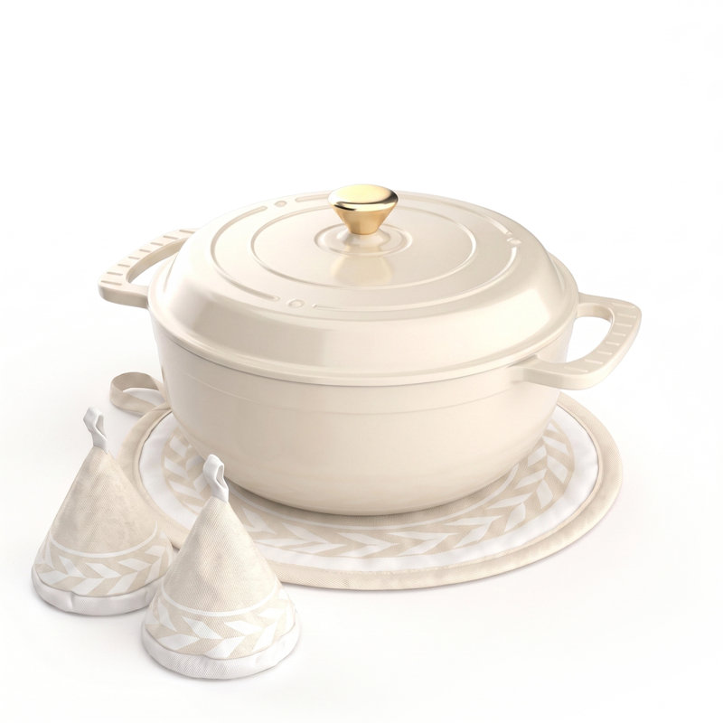6 pte Faitout rond en fonte en blanc avec couvercle, 6 pintes, Blanc