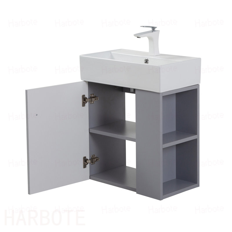 Meuble-lavabo mural avec lavabo en céramique, porte à fermeture en douceur, tablette de rangement flottante à droite, assemblage requis