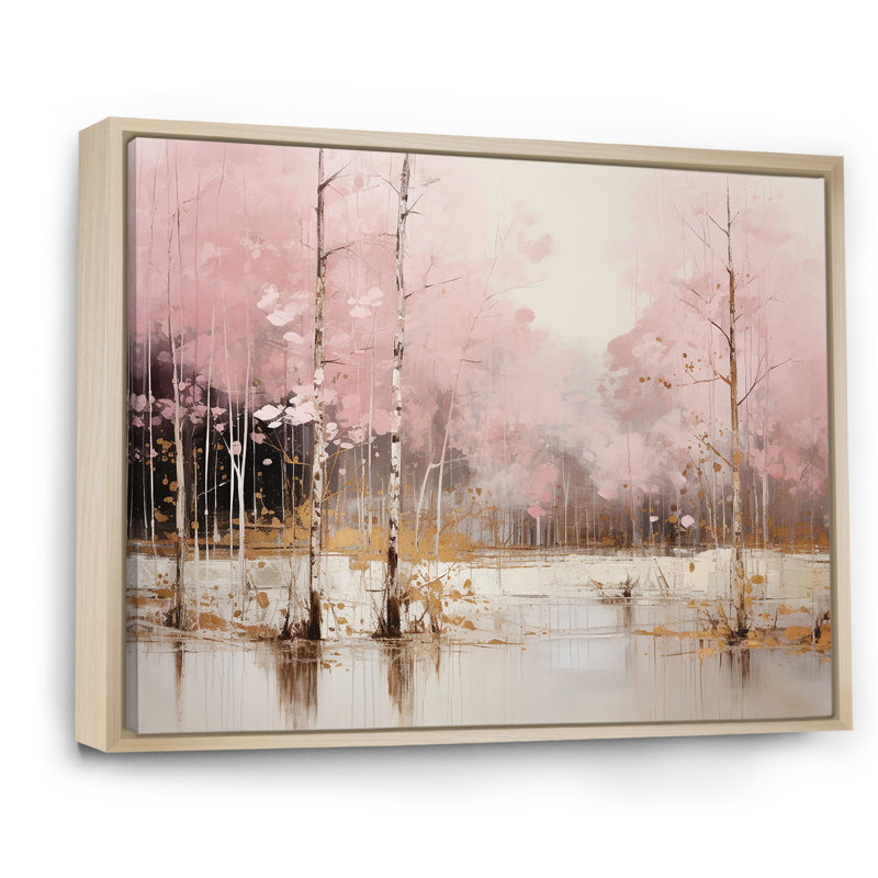 «Minimalisme rose et forêt dorée I», art sur toile, Cadre naturel flottant, H 24 po x l 32 po x P 1 po