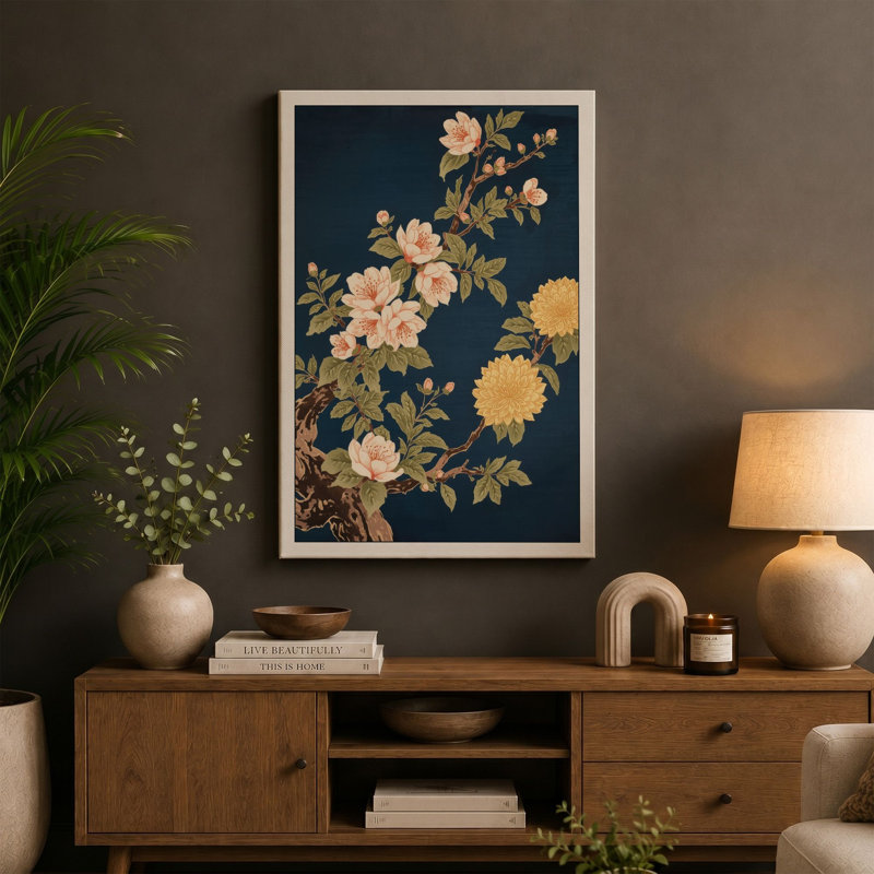 Scattered Blossoms Japandi - Wrapped Canvas, 18x12 - 45.7 x 30.5 cm, Taupe Border