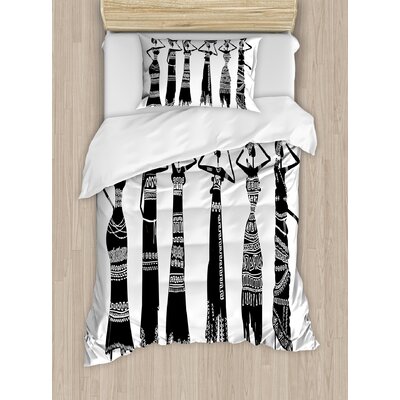 African Sketch of Local Women with Jugs Silhouettes Tribal Patterned Dresses Duvet Cover Set -  Ambesonne, nev_36762_twin