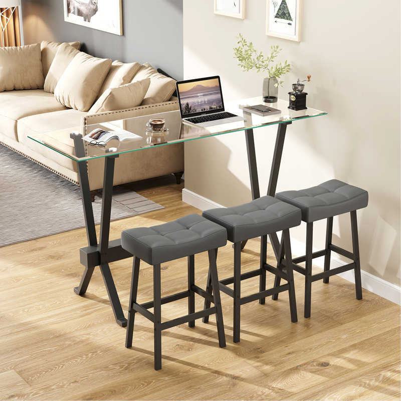 Ensemble de table de bar et de chaises 4 pièces, 1 table + 3 chaises, plateau en verre trempé, assise en cuir synthétique gris, structure en métal, style industriel moderne