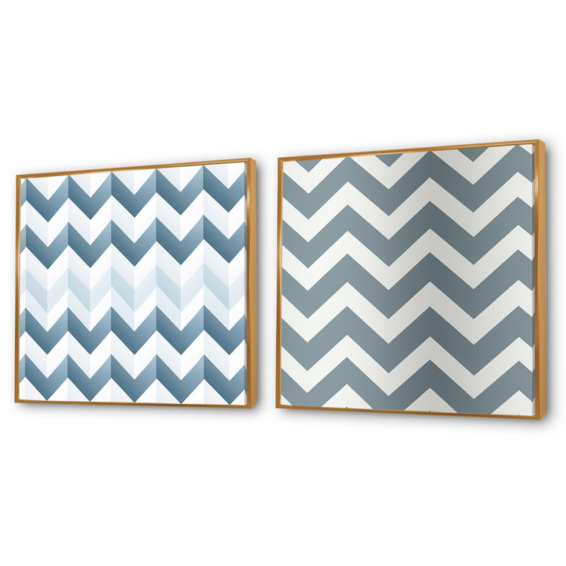 Chevron contemporain blanc et gris - formes abstraites carrées, ensemble de 2 collages carrés, Cadre flottant doré