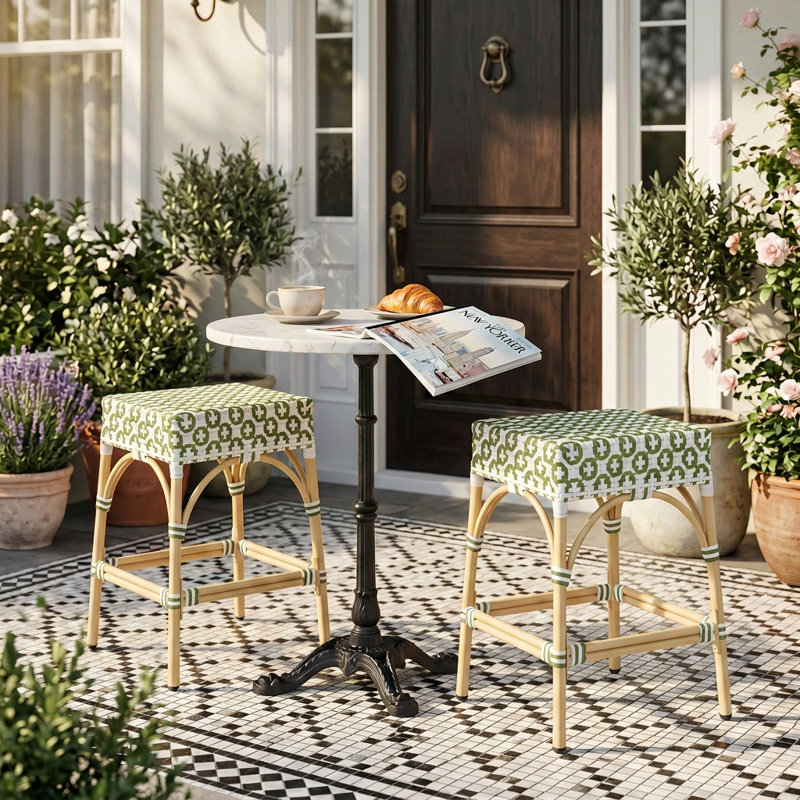 25'' H Wicker Patio Bar Stool, Green/White