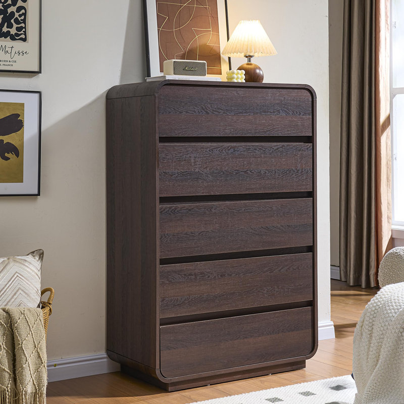 Commode à 5 tiroirs en noyer, commode en bois rustique avec texture naturelle, Noyer
