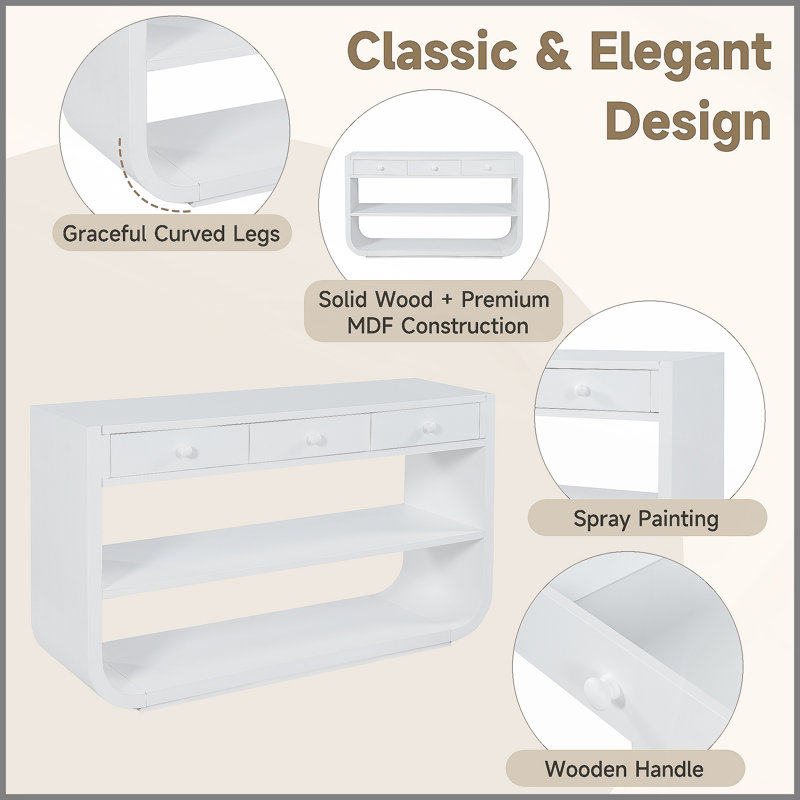 Console moderne incurvée avec 3 tiroirs à fermeture en douceur et 2 tablettes ouvertes, base en bois massif, table de vestibule pour vestibule, blanc