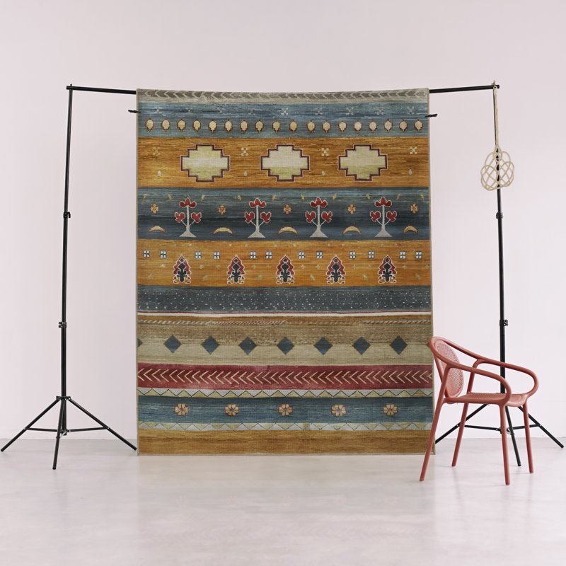 Yellow-Blue Themed Multi-Colored Stripe Section Mixed Shape Patterned Modern Decorative Rug, Runner 3'3.37" x 6'6.74"