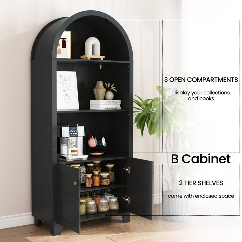 71'' H Kitchen Pantry With Bookcases, Storage Cabinet With Open Shelves(Set Of 2), Black