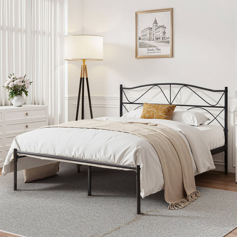 Metal Bed Frame with Headboard Heavy Duty Strong Steel Slat Support Platform Queen Size Bed No Box Spring Needed, Easy Assembly, Black