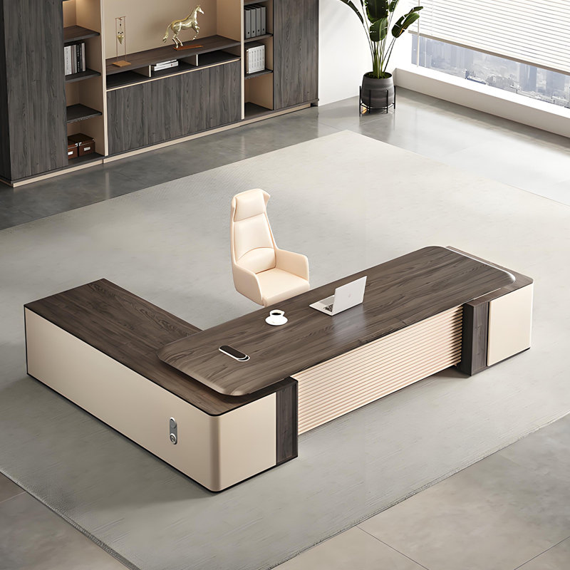 102.36"Modern minimalist natural color L-Shaped Office Desk, 29.53" H x 102.36" W x 74.8" D, Gray/Cream