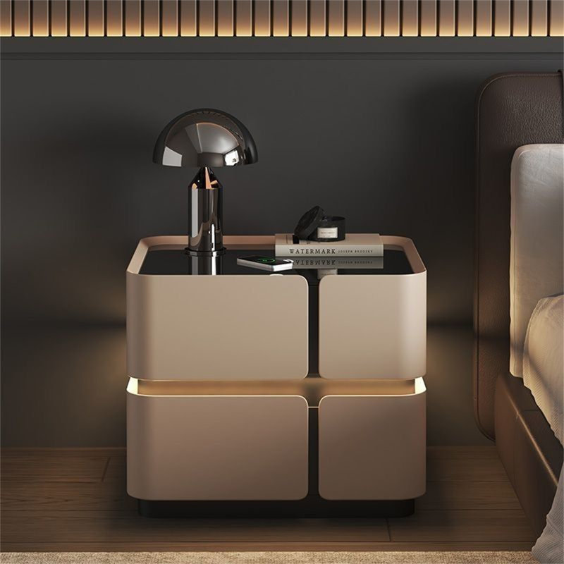 Modern Beige Solid Wood Nightstand with Gold Accent and Dual Drawers - Contemporary Minimalist Bedside Table for Bedroom
