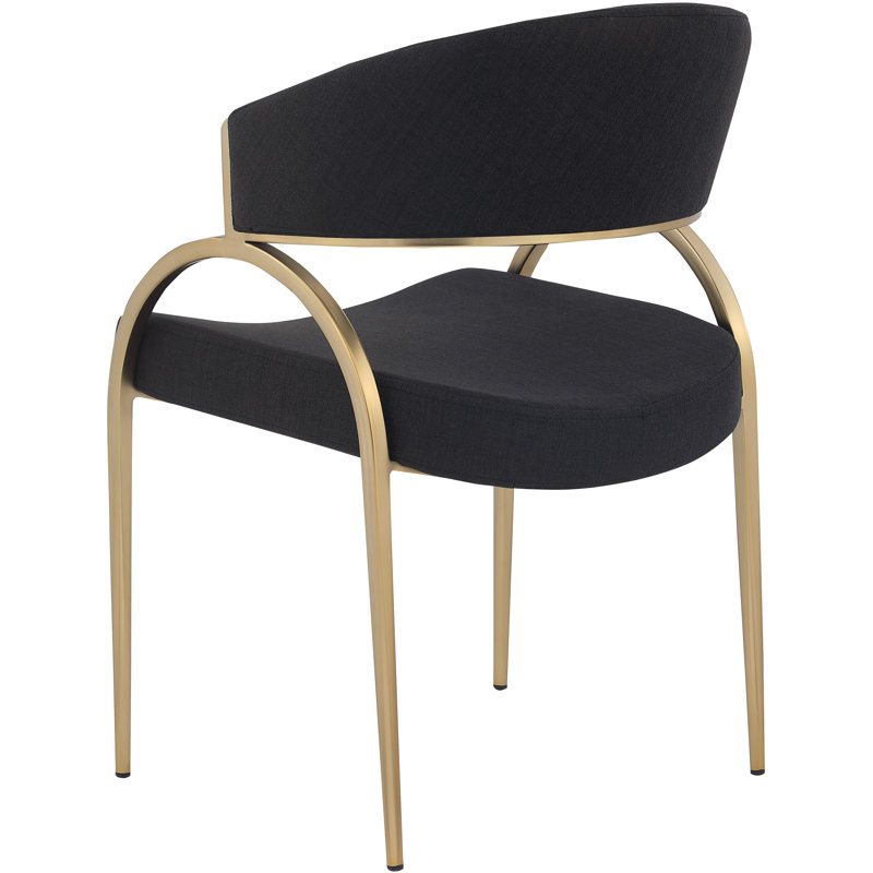 17.72'' H Upholstered Metal Armchair, Black Linen Textured Fabric, Brushed Brass