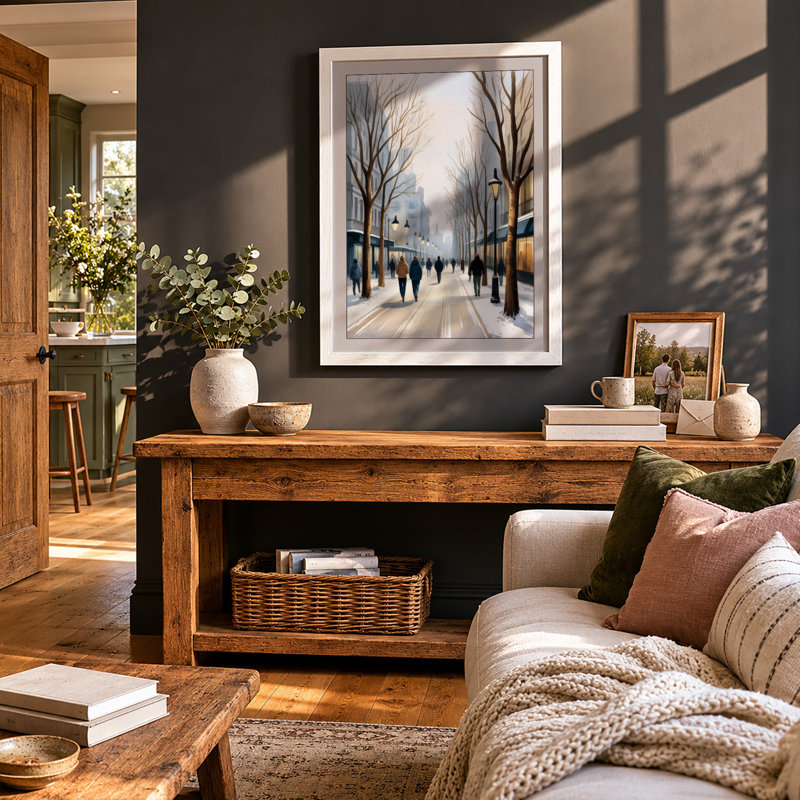 Winter City Street Scandinavian - Framed Print, A2 - 59.4 x 42.0 cm, White