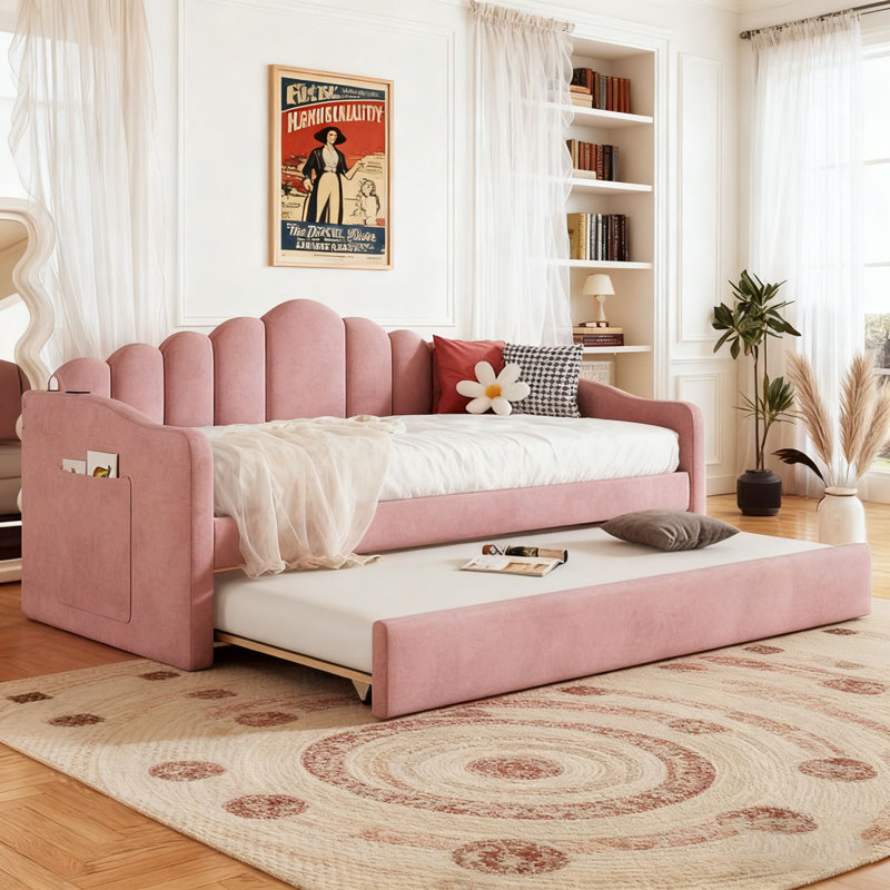 Upholstered Daybed with Trundle ,Velvet Sofabed with USB Charging Ports, Pink
