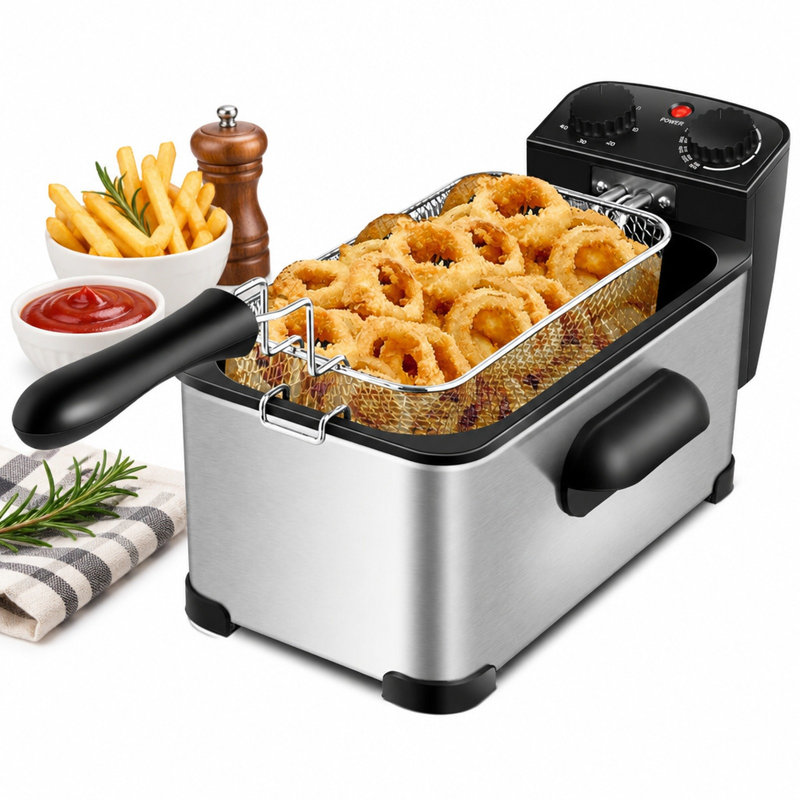 3.2-Quart Electric Deep Fryer with 1700W Heating Element, 60-Minute Timer, Adjustable Temperature and Removable Basket, Silver and Black