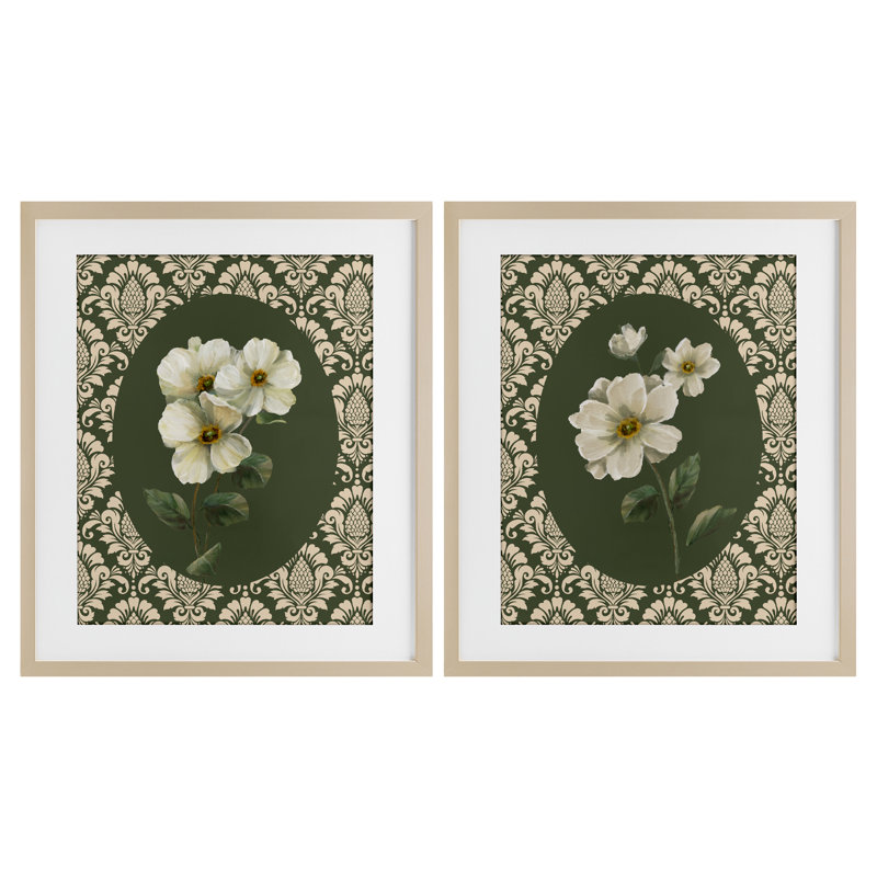 Ensemble de 2 impressions encadrées sous verre Fancy Lace White Florals, design par Nan, Cadre de récolte en pin