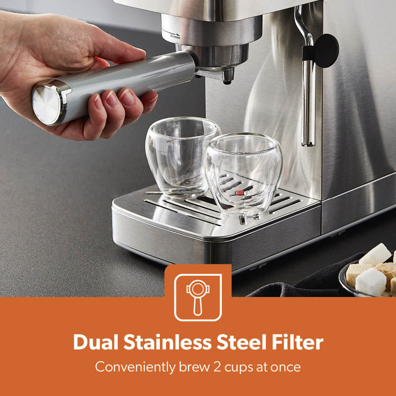 Geepas Espresso & Cappuccino Coffee Machine Milk Frother, 15 Bar Pressure- 1.4L Water Tank, 1450W - Silver