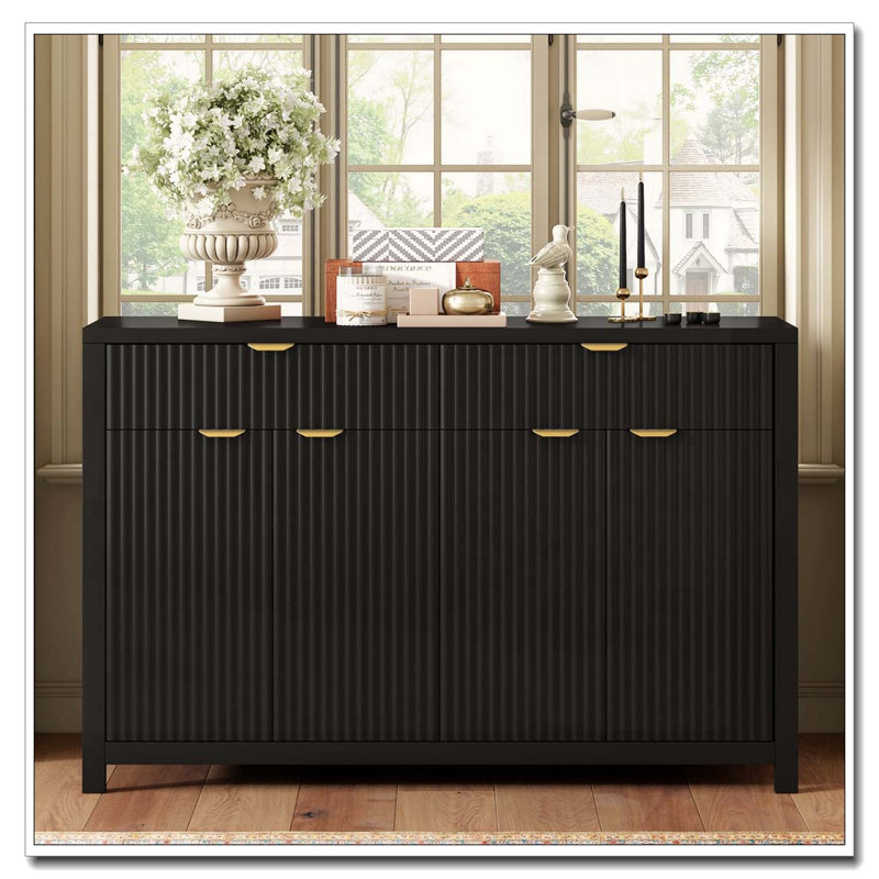 Modern Wave-Pattern Sideboard with 2 Drawers, 4 Doors, and Adjustable Shelves, Black