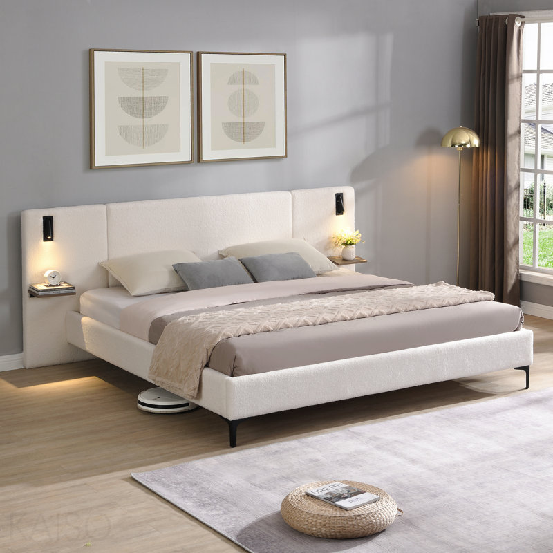 Lit tapissier Chic Boucle avec lumières et tablettes intégrées, blanc, très grand, King, White